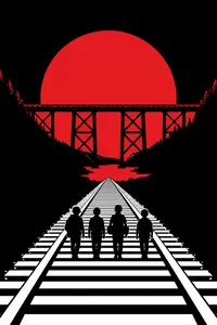 Four kids walking railroad tracks toward a trestle and a red sun