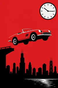 A red convertible leaping over the Chicago skyline, a clock above