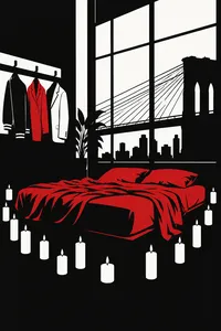 A red bed ringed with candles in a loft facing the Brooklyn Bridge