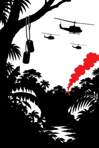 Helicopters over a jungle, dog tags on a branch, red smoke rising