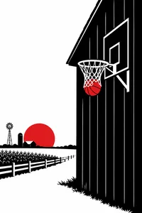 A red basketball dropping through a barn hoop beside a cornfield