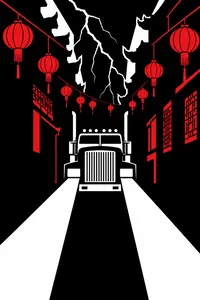 A big-rig truck in a Chinatown alley under red lanterns and lightning