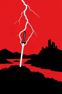 Lightning striking a sword in a highland ridge under a red sky