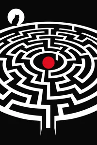 A circular maze with a red orb at its center and an owl above