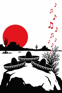 Three sombreros on a desert rock, red musical notes rising from a bush