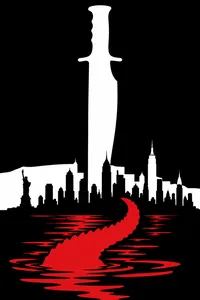 A giant knife over the Manhattan skyline, a red crocodile tail in the water