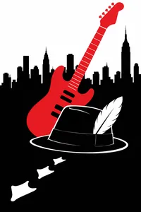 A red electric guitar and a feathered hat before a city skyline, duck tracks below