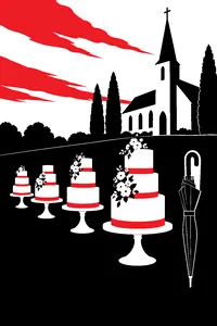 Four tiered wedding cakes in a row on a church lawn, with a single closed black umbrella standing at the end of the row.