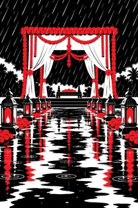 A wedding canopy strung with marigold garlands under heavy monsoon rain, puddles reflecting rows of brass lanterns.