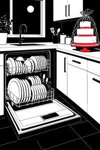A kitchen at night with an open dishwasher, its racks packed tight with plates, beside a wedding cake under plastic wrap.
