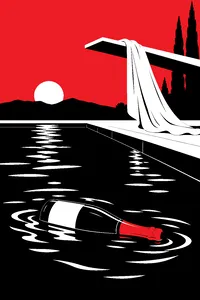 A swimming pool at dawn with a champagne bottle floating on the water and a silk wedding veil draped over the diving board.