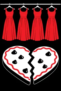 A row of identical bridesmaid dresses on hangers above a giant heart-shaped cookie broken in half on the floor.