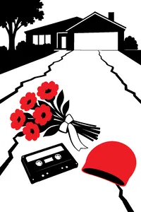 A bridal bouquet on a cracked suburban driveway beside a cassette tape and a swim cap.