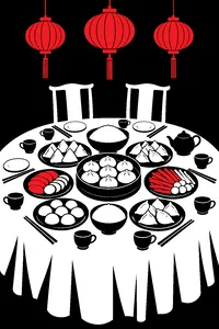 A round banquet table crowded with platters and teacups under hanging red paper lanterns, two empty chairs at the head.