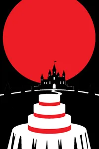 A wedding cake on a castle lawn at night, a huge planet filling the sky above it.