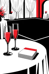 Two champagne glasses and a stack of blank name tags on a reception table, an empty dance floor behind.