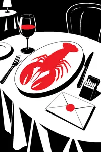 A restaurant table with a lobster dinner, a blank wedding invitation sealed with wax and a pack of cigarettes.