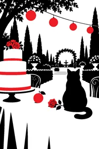An outdoor reception table with a tiered cake, a single orange and a cat sitting beside a red rose.