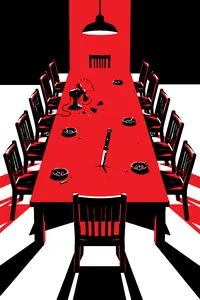 A long jury table with twelve wooden chairs, scattered ashtrays, a broken desk fan and a switchblade knife stuck in the tabletop.