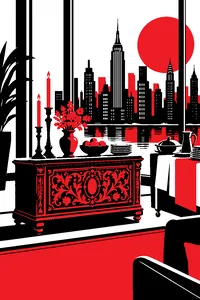 A carved wooden chest set with candlesticks and a buffet of plates in a penthouse, a painted Manhattan skyline glowing behind the window.
