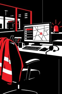 A dim emergency dispatch desk with a headset, a glowing monitor and a red call light blinking.