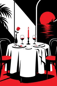 A white-tablecloth restaurant table for two with half-finished plates, two wine glasses and a burning candle.
