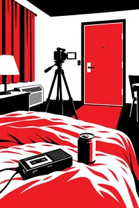 A cheap motel room bed with a small tape recorder, a beer can and a camcorder on a tripod pointed at the door.