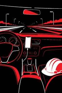 A car dashboard at night glowing with a phone screen, streaks of motorway lights through the windshield, a hard hat on the passenger seat.