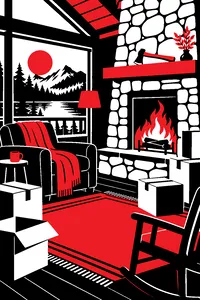 A cozy cabin living room with packed moving boxes, a crackling fireplace and a stone hand axe on the mantel.