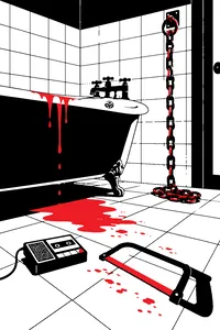 A grimy tiled bathroom with a rusty chain, a bathtub, a small cassette player and a hacksaw on the floor.