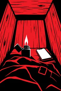 The cramped inside of a wooden coffin lit only by a lighter flame and a cell phone screen.