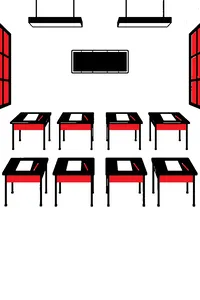 A stark white room with eight desks, each holding a single blank sheet of paper and a pencil, a digital clock on the wall.