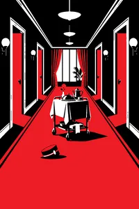 A long hotel hallway with four doors ajar, a bellhop's cap and a room service cart abandoned in the middle.