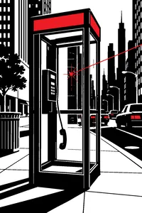A glass phone booth on a busy city street at midday, the receiver dangling, a red laser dot on the glass.