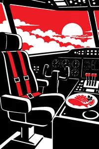 An inflatable autopilot doll's empty seat in a cockpit, a plate of fish dinner on the console, clouds through the windshield.