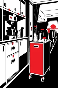 A quiet airliner galley at morning light, a coffee pot on its burner and a beverage cart pulled into the aisle.