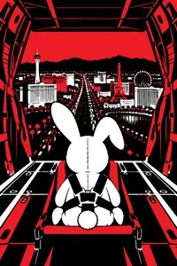 A stuffed toy bunny strapped into the jump seat of a battered cargo plane, the Las Vegas Strip glowing below the open ramp.