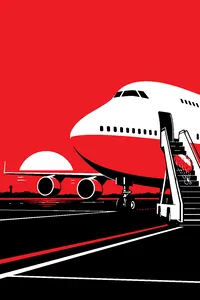 A blue and white jumbo jet parked on a tarmac at dusk, a single parachute lying folded on the stairs.