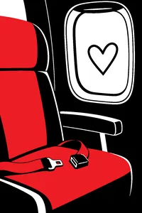 A child's heart drawn in breath fog on a frosted airplane window, an empty child-sized seat belt beside it.