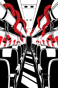 Green snakes coiled around overhead bins and dangling oxygen masks in a sunlit airliner cabin.