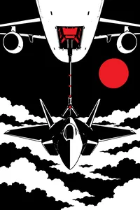 A small docking hatch on the belly of an airliner at night, a stealth jet tethered beneath it in the clouds.