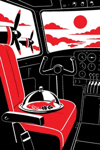 A 1950s propeller airliner cockpit, the yoke unmanned, a covered dinner plate of fish resting on the captain's seat.