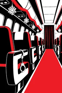 A 747 cabin decorated with tinsel and paper snowflakes, handcuffs dangling from an armrest.