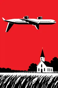 A jetliner flying upside down low over a field and a white country church, sunlight on its belly.