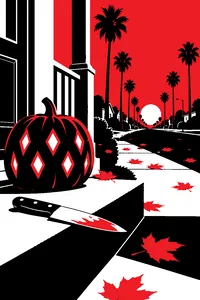 A kitchen knife resting on a front porch step beside a lit jack-o-lantern, fake autumn leaves scattered on a palm-lined street behind.