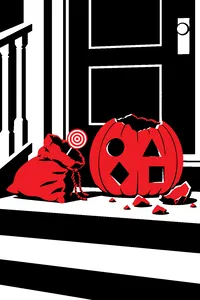 A burlap sack with a lollipop poking out, lying beside a freshly blown-out jack-o-lantern on a front step.