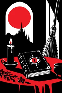 A black candle with a flickering pale flame beside a stitched spellbook with a single eye on the cover and a broomstick leaning nearby.