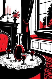 A carafe of dark elderberry wine and three small glasses on a lace doily in a Victorian parlor, a window seat lid slightly open.