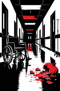 An empty hospital corridor at night, a wheelchair alone under flickering fluorescent lights, a smashed pumpkin on the floor.
