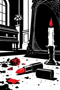 A tube of red lipstick and a candle on the dusty floor of an abandoned funeral parlor, cobwebbed mirror behind.